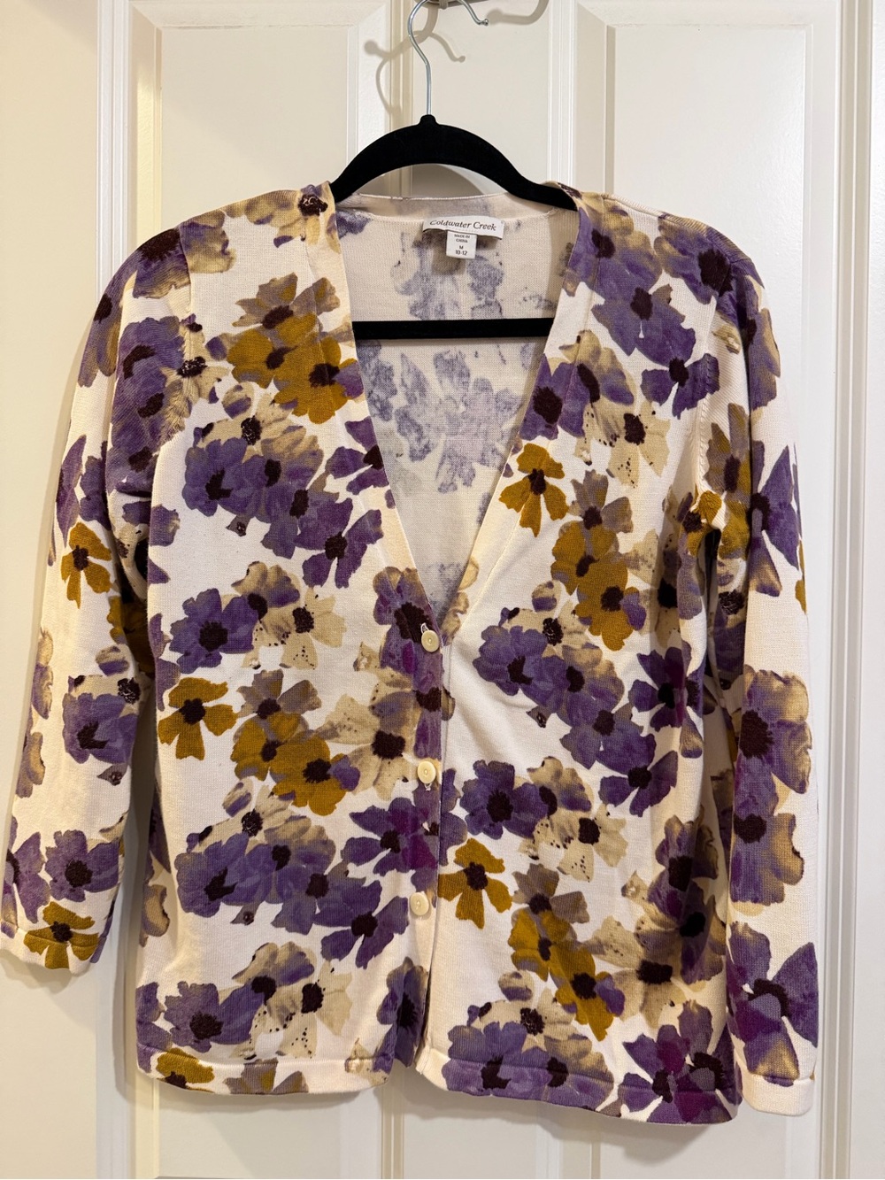 Cold water creek purple and yellow floral button cardigan.